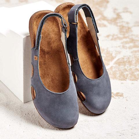 Women's Soft Leather Flat Sandals – Round Toe & Open Ankle Comfort Design