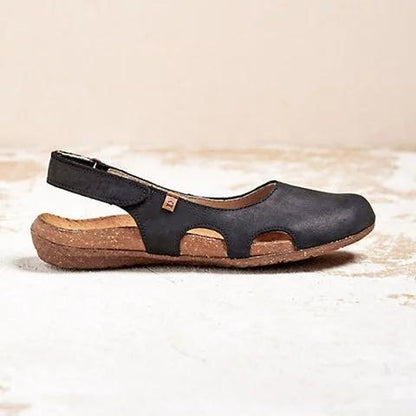 Women's Soft Leather Flat Sandals – Round Toe & Open Ankle Comfort Design
