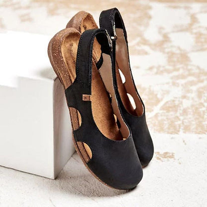 Women's Soft Leather Flat Sandals – Round Toe & Open Ankle Comfort Design