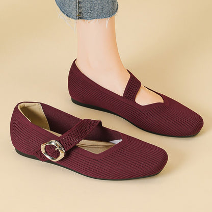 Women’s Square-Toe Mary Jane Flats with Knit Upper – Soft, Comfortable Spring & Summer Shoes