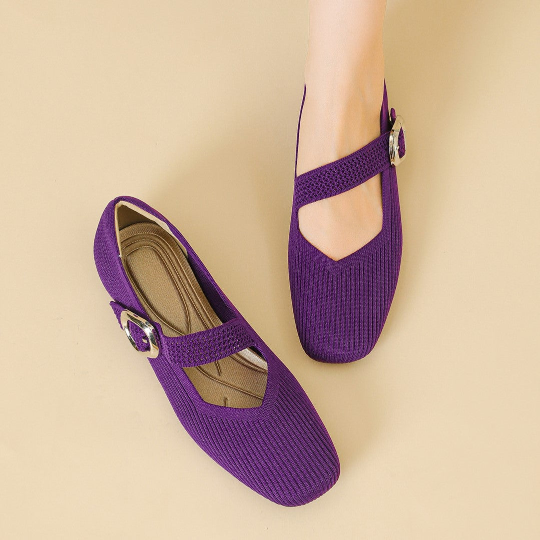 Women’s Square-Toe Mary Jane Flats with Knit Upper – Soft, Comfortable Spring & Summer Shoes
