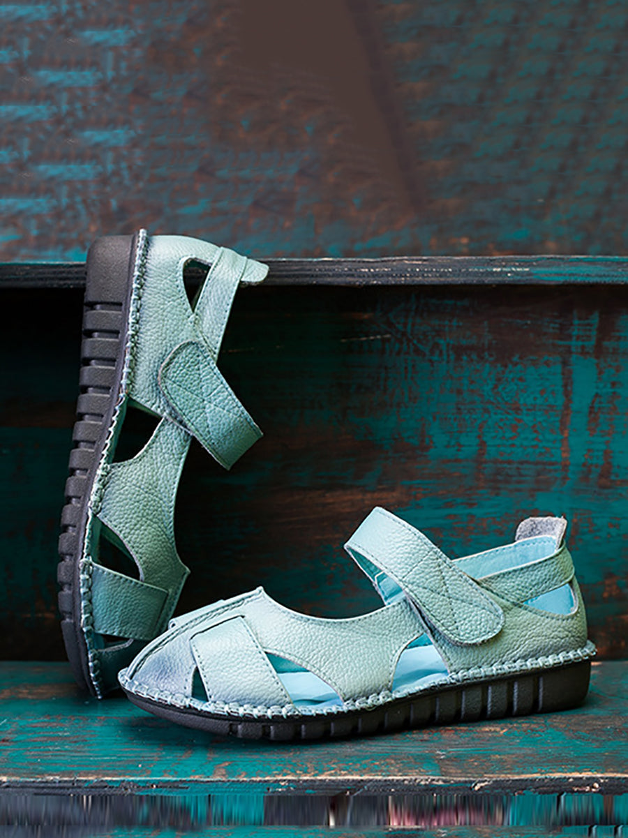 Women Summer Solid Soft Leather Spliced Flat Sandals