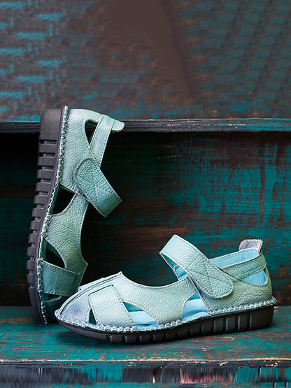 Women Summer Solid Soft Leather Spliced Flat Sandals