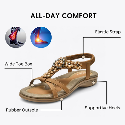 CMF Women Beach Sandals Rhinestones Heels Support PU Leather Elegant Floral Elastic Strap