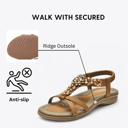 CMF Women Beach Sandals Rhinestones Heels Support PU Leather Elegant Floral Elastic Strap