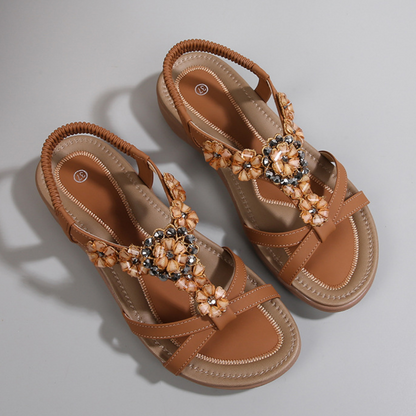 CMF Women Beach Sandals Rhinestones Heels Support PU Leather Elegant Floral Elastic Strap