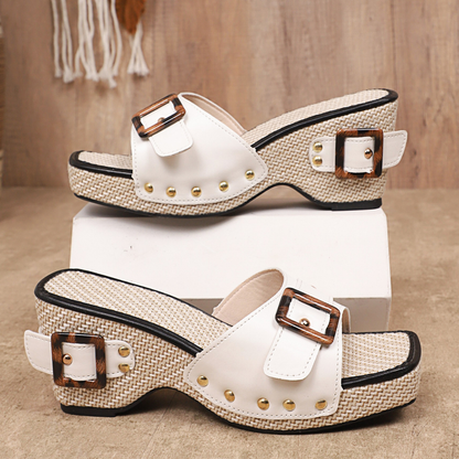 CMF Women Sandals Comfortable PU Leather Platform Wedge Heels Buckle Summer Beach