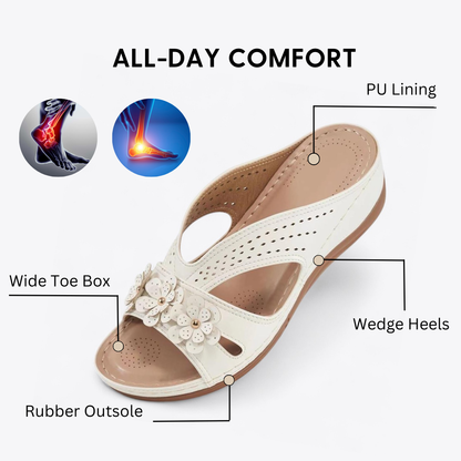 CMF Women Orthopedic Sandals Comfortable Arch-support PU Leather Floral Cut-out Wedge Summer Beach