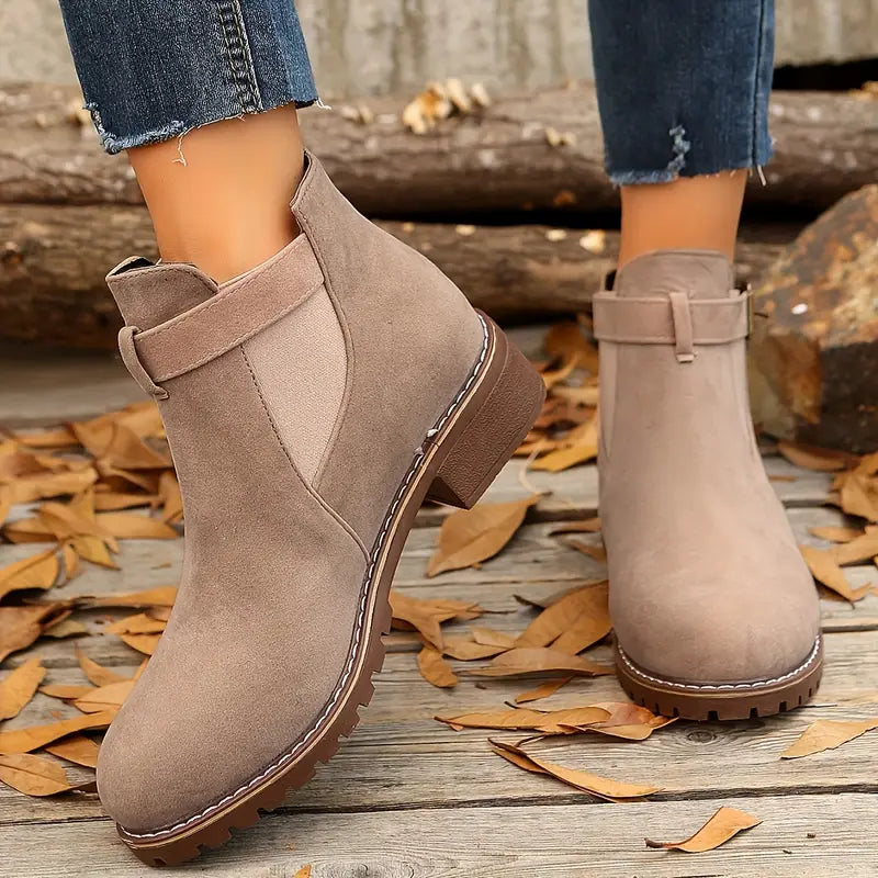 Women’s Low Heel Ankle Boots – Slip-On Comfort with Buckle Strap & Durable Sole