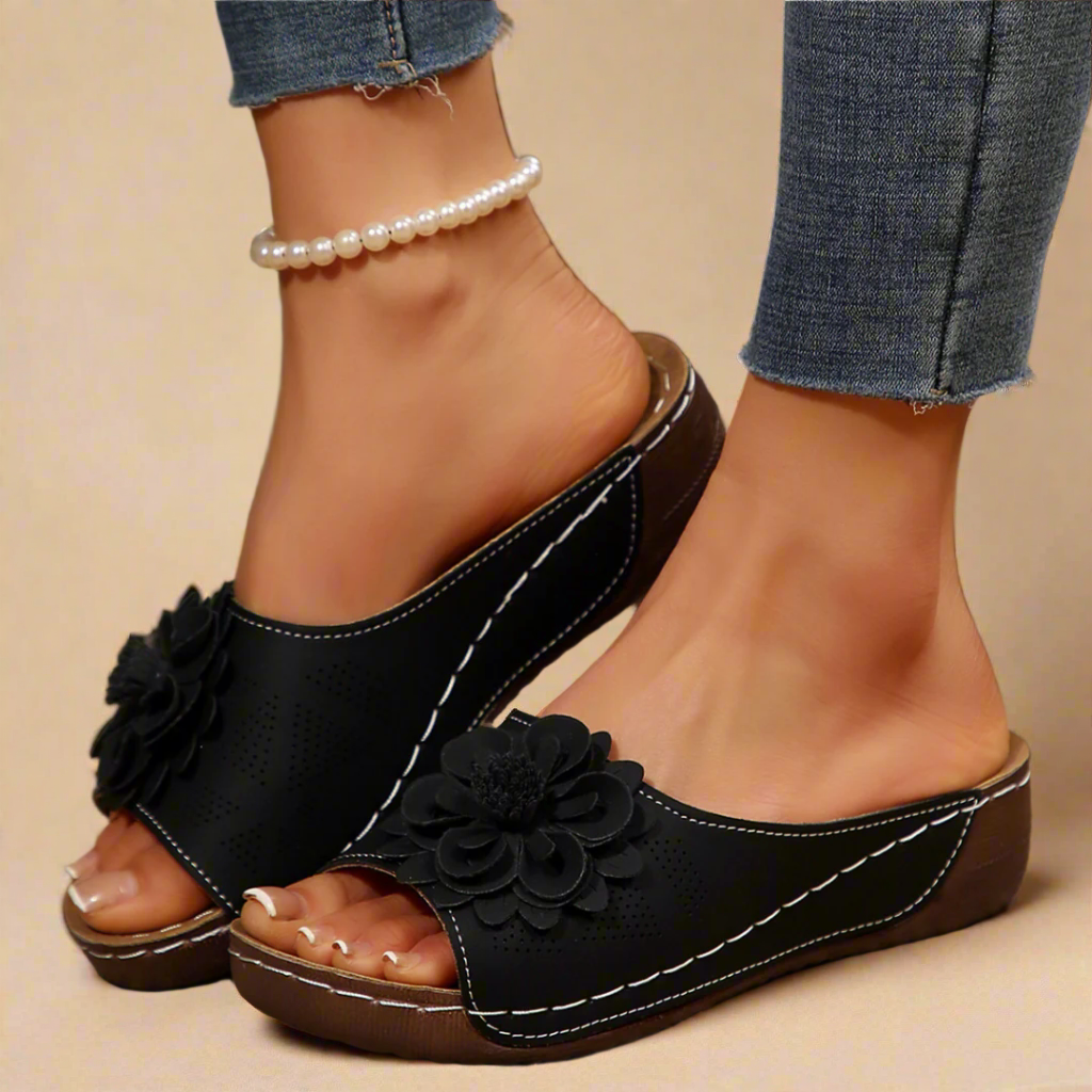 CMF Women Orthopedic Sandals Breathable Arch-support Leather Floral Slip-on New Vintage