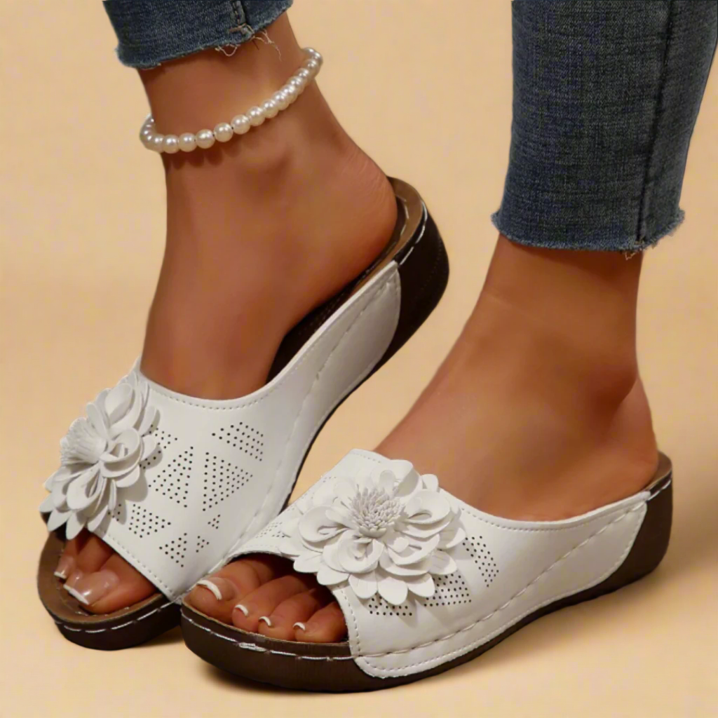 CMF Women Orthopedic Sandals Breathable Arch-support Leather Floral Slip-on New Vintage