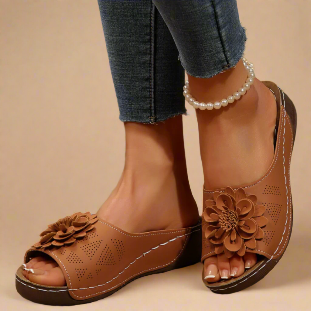 CMF Women Orthopedic Sandals Breathable Arch-support Leather Floral Slip-on New Vintage