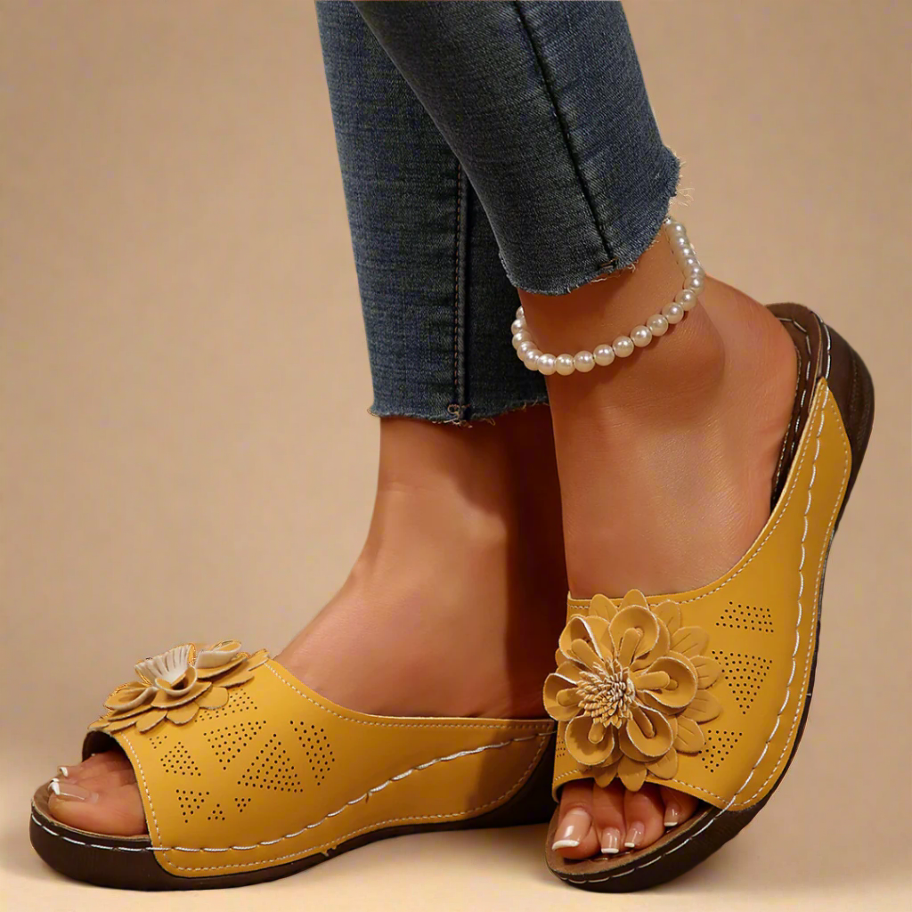 CMF Women Orthopedic Sandals Breathable Arch-support Leather Floral Slip-on New Vintage