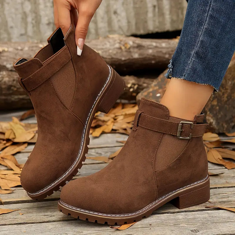 Women’s Low Heel Ankle Boots – Slip-On Comfort with Buckle Strap & Durable Sole