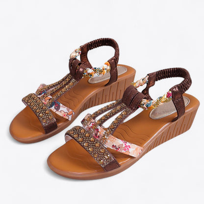 CMF Women Wedge Sandals Arch-support Comfortable Platform Rhinestone Crystal Elastic Strap Chic Summer