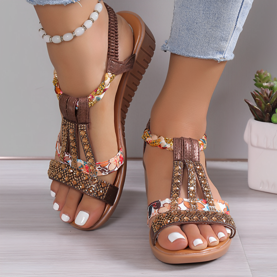 CMF Women Wedge Sandals Arch-support Comfortable Platform Rhinestone Crystal Elastic Strap Chic Summer