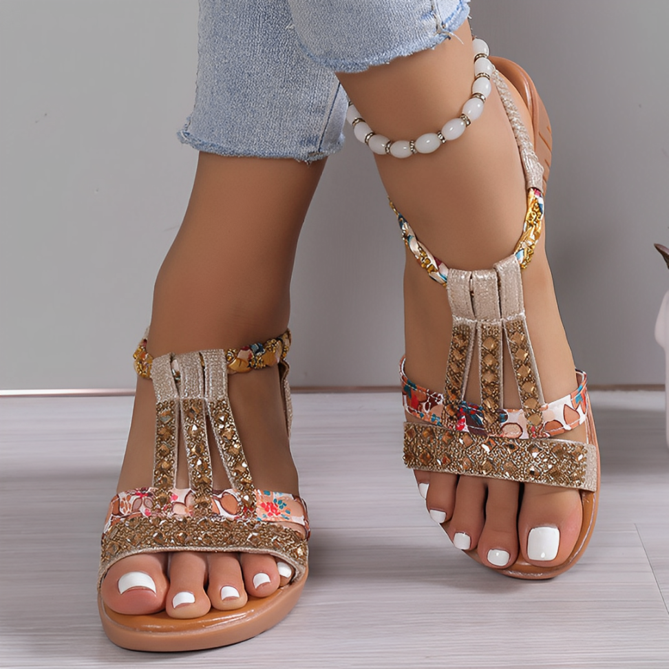 CMF Women Wedge Sandals Arch-support Comfortable Platform Rhinestone Crystal Elastic Strap Chic Summer