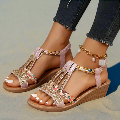 CMF Women Wedge Sandals Arch-support Comfortable Platform Rhinestone Crystal Elastic Strap Chic Summer