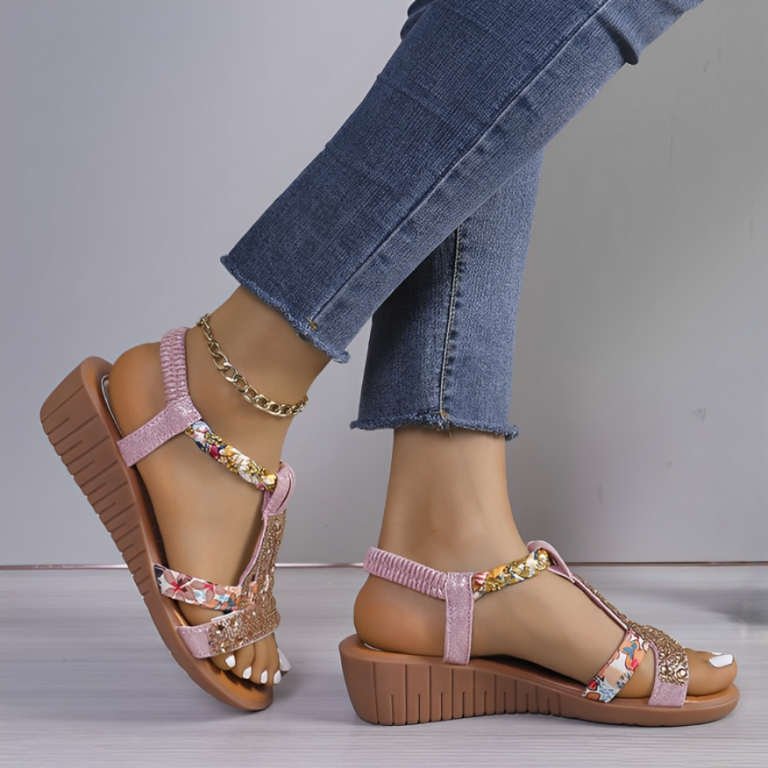 CMF Women Wedge Sandals Arch-support Comfortable Platform Rhinestone Crystal Elastic Strap Chic Summer
