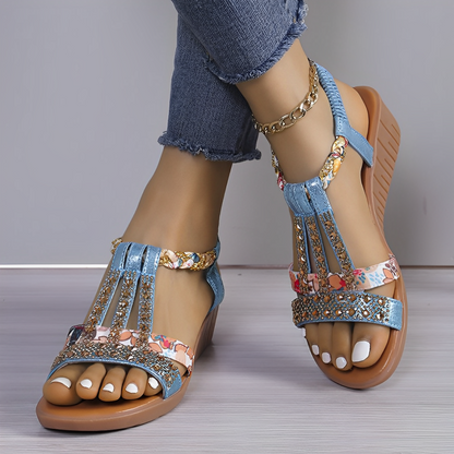 CMF Women Wedge Sandals Arch-support Comfortable Platform Rhinestone Crystal Elastic Strap Chic Summer