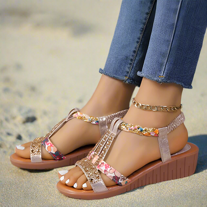 CMF Women Wedge Sandals Arch-support Comfortable Platform Rhinestone Crystal Elastic Strap Chic Summer