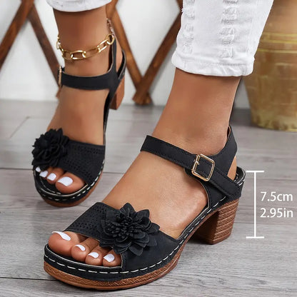 Women’s Comfortable Wedge Sandals – Floral Cutout, Peep Toe, Secure Ankle Strap