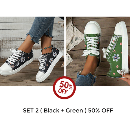🔥Last Day 60% OFF🔥 Stylish Floral Canvas Sneakers for Women - Comfortable Low Top Lace Up Walking Shoes