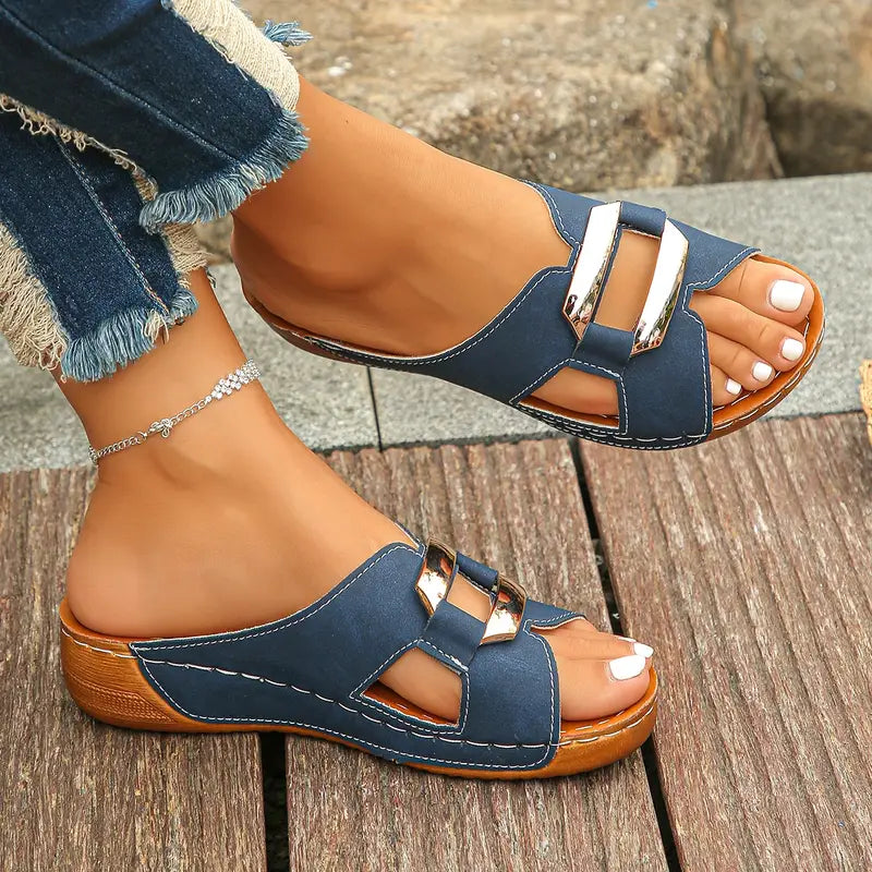 Women's Summer Mid-Heel Platform Sandals – Open Toe Slip-On Slides with Metal Buckle