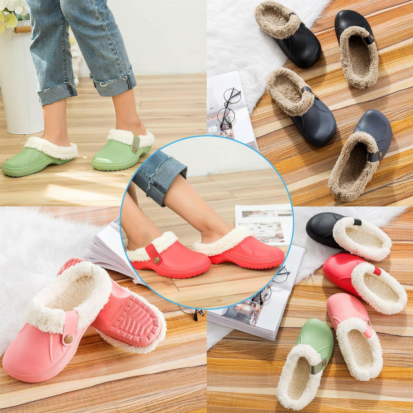 Women's Comfort Winter Warm Fleece Lined Mules Slippers Waterproof Indoor Outdoor Non-slip House Shoes