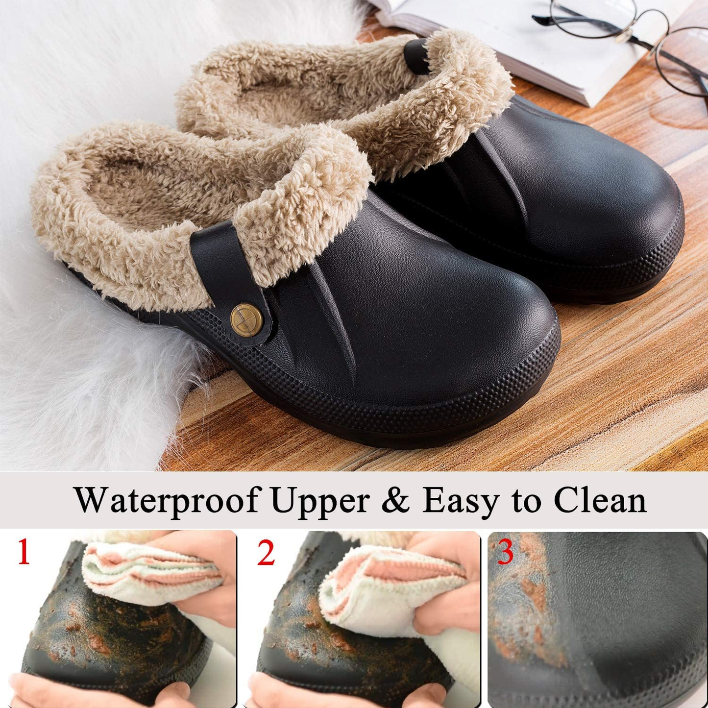 Women's Comfort Winter Warm Fleece Lined Mules Slippers Waterproof Indoor Outdoor Non-slip House Shoes
