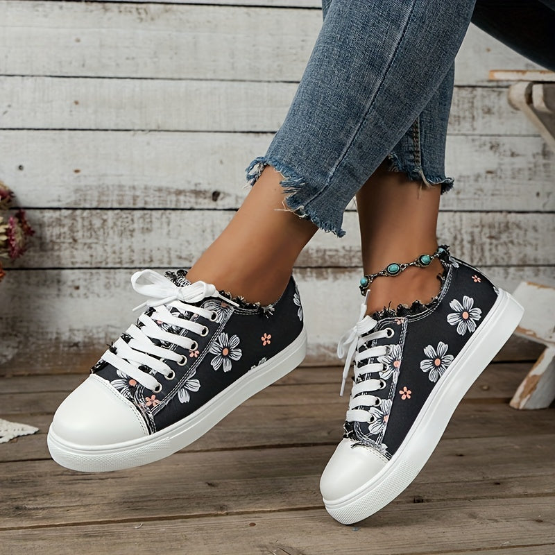 🔥Last Day 60% OFF🔥 Stylish Floral Canvas Sneakers for Women - Comfortable Low Top Lace Up Walking Shoes