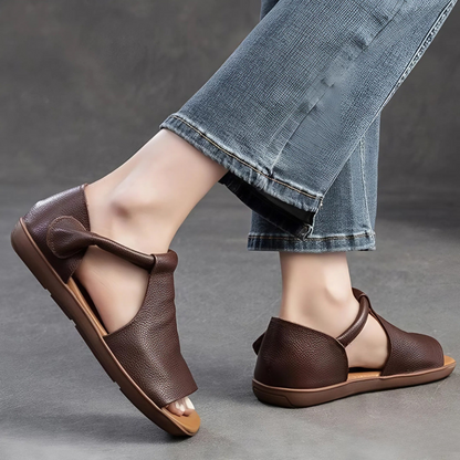 CMF Women Sandals Comfortable Open-toe Leather Summer Velcro Flat Walking Modern
