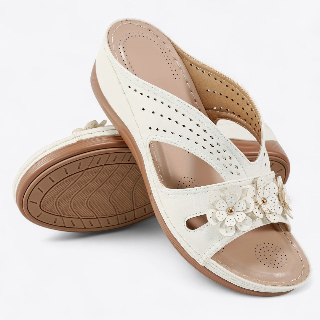 CMF Women Orthopedic Sandals Comfortable Arch-support PU Leather Floral Cut-out Wedge Summer Beach