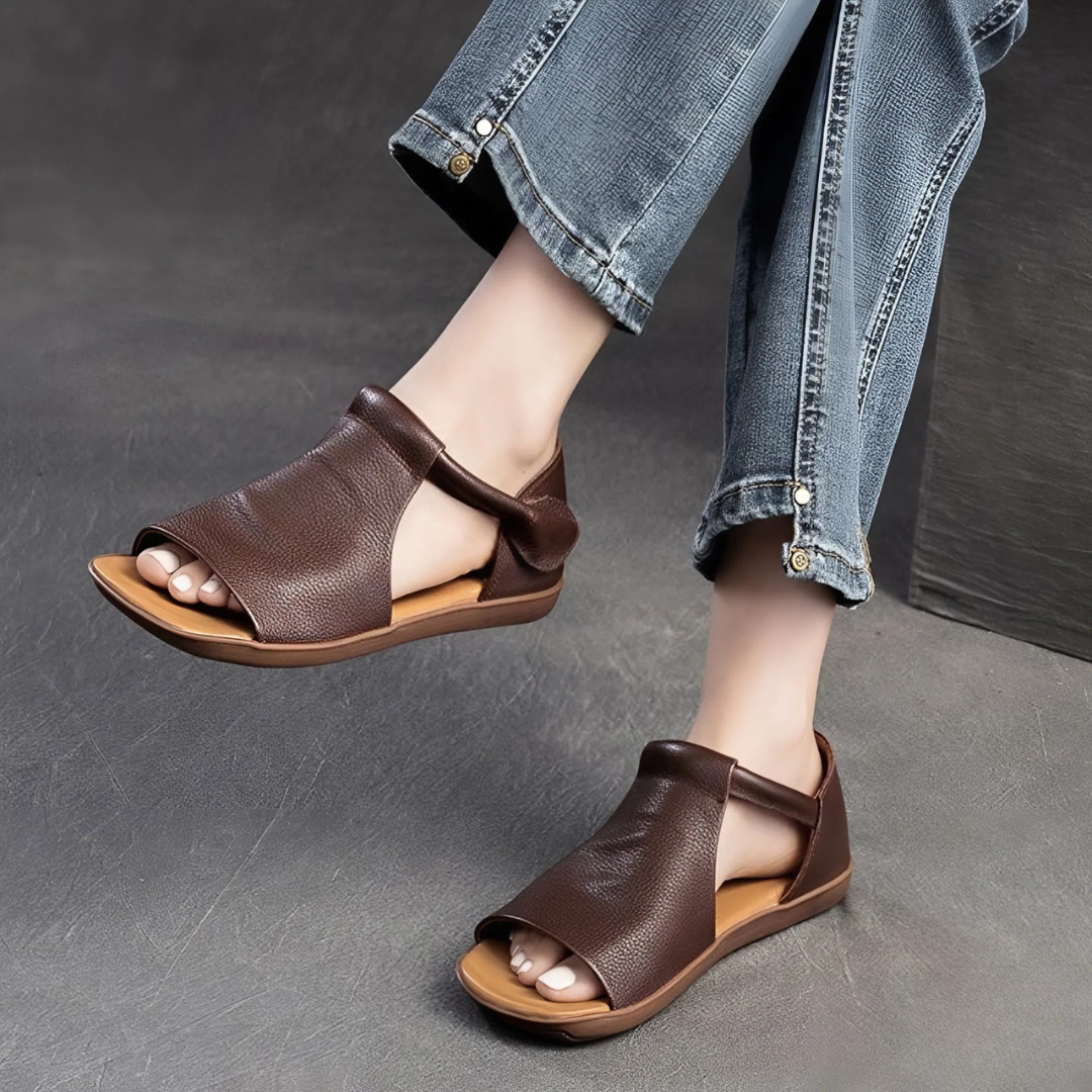 CMF Women Sandals Comfortable Open-toe Leather Summer Velcro Flat Walking Modern