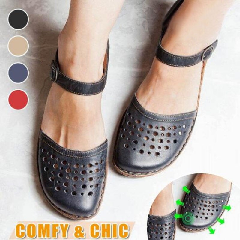Women‘s Round Toe Hollow-out Leather Sandals
