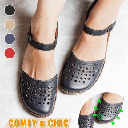 Women‘s Round Toe Hollow-out Leather Sandals