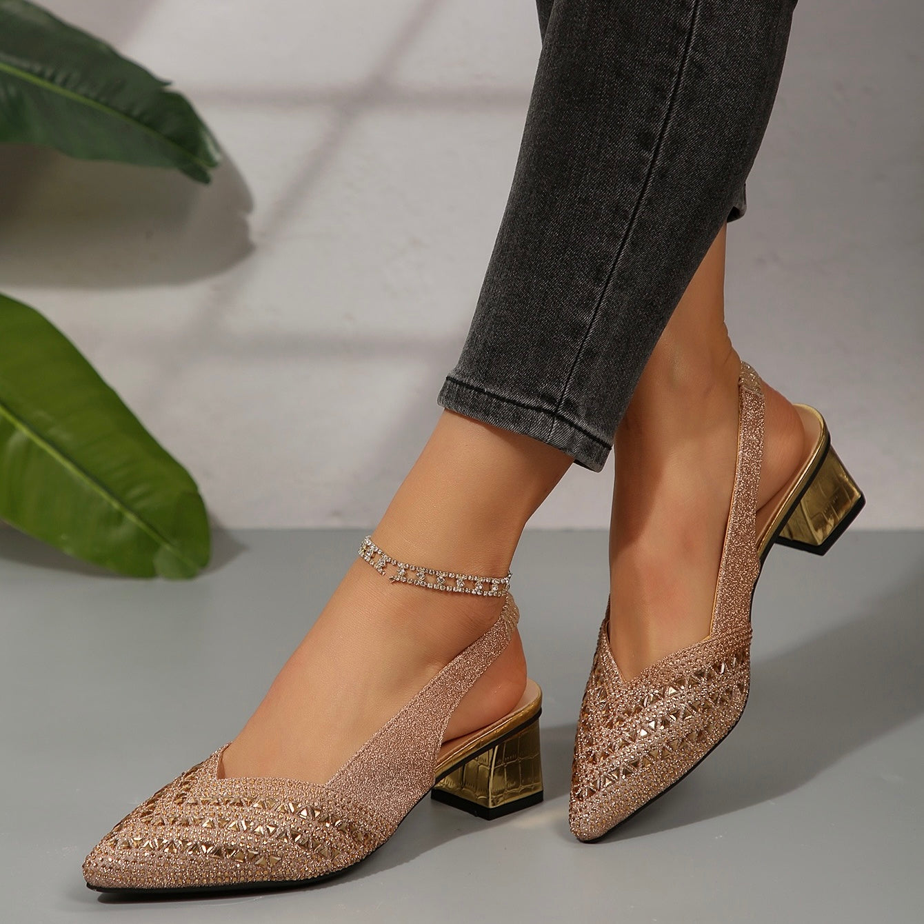 2026 Women'S Elegant Rhinestone Slip On Heel Sandals