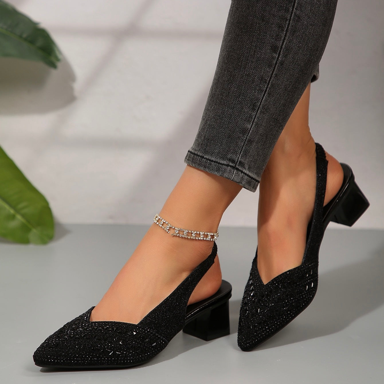2026 Women'S Elegant Rhinestone Slip On Heel Sandals