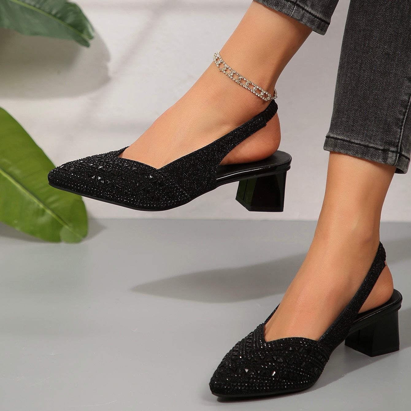 2026 Women'S Elegant Rhinestone Slip On Heel Sandals