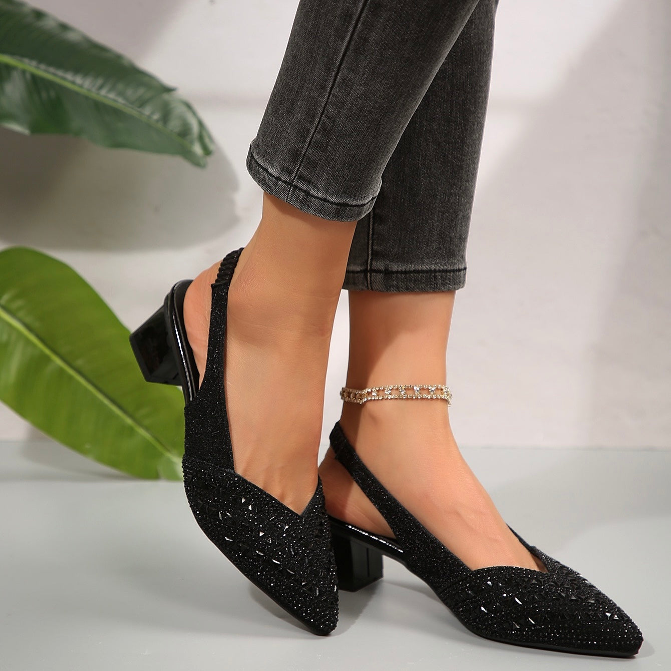 2026 Women'S Elegant Rhinestone Slip On Heel Sandals