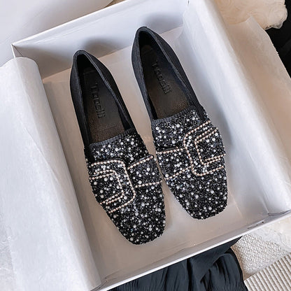 🔥Last Day 60% OFF-Square Toe Rhinestone Flat Bow Shoes- Free Shipping