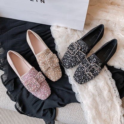 🔥Last Day 60% OFF-Square Toe Rhinestone Flat Bow Shoes- Free Shipping
