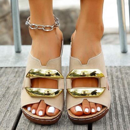 Women's Summer Mid-Heel Platform Sandals – Open Toe Slip-On Slides with Metal Buckle