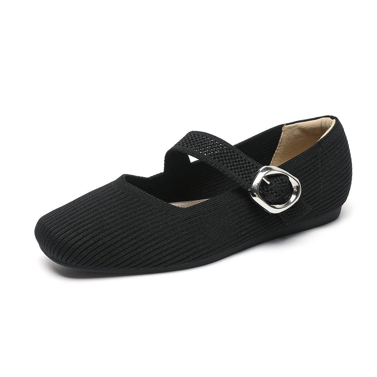 Women’s Square-Toe Mary Jane Flats with Knit Upper – Soft, Comfortable Spring & Summer Shoes