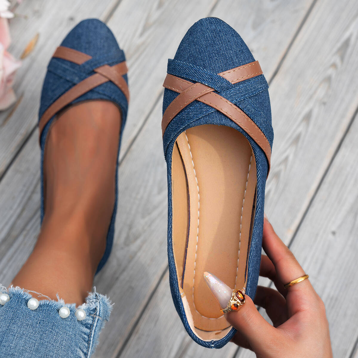 Women’s Denim Cross Strap Flats – Comfortable Casual Slip-On Shoes