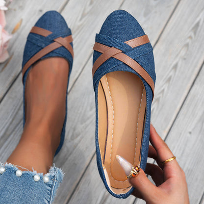 Women’s Denim Cross Strap Flats – Comfortable Casual Slip-On Shoes
