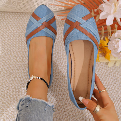 Women’s Denim Cross Strap Flats – Comfortable Casual Slip-On Shoes