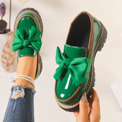 Women’s Classic Bow Loafers – Comfortable Platform Sole with Elegant Patent Finish