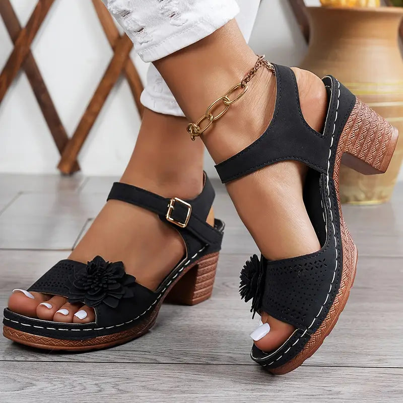 Women’s Comfortable Wedge Sandals – Floral Cutout, Peep Toe, Secure Ankle Strap