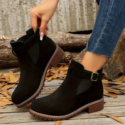 Women’s Low Heel Ankle Boots – Slip-On Comfort with Buckle Strap & Durable Sole